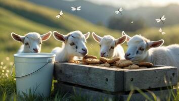 Goats Eating Cookies in Field with Dragonflies and Metal Bucket photo