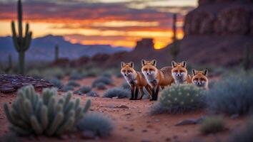 Fox Family Standing in Desert Landscape at Sunset with Cloudy Sky photo