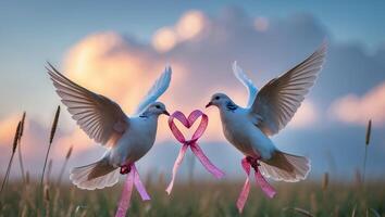 Two White Doves Flying with Pink Ribbon Heart in Meadow photo