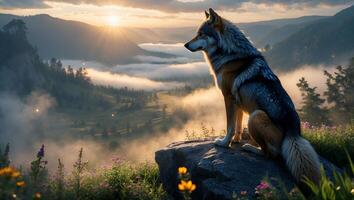 Wolf Sits Watching Sunset Over Misty Mountain Valley Landscape photo