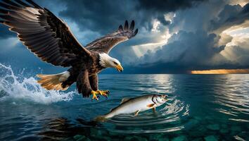 Eagle Hunting Fish Mid-air Over Water with Cloudy Sky Background photo