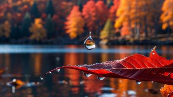 Droplet Refraction Capturing Autumn Landscape Over Red Leaf and Lake photo