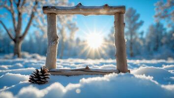 Crafted Wood Frame in Winter Landscape with Snow and Sunlight photo