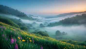 Fog Rolling Through Mountain Valley with Wildflowers at Early Morning photo
