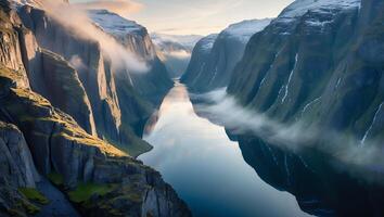 Reflective River Between Steep Cliffs with Fog and Snow Capped Mountains photo