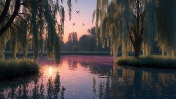 Willow Trees Reflecting in Calm Lake at Sunset with Dragonflies Flying photo