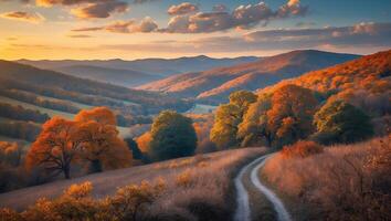 Scenic Autumn Mountain Landscape with Winding Path at Golden Hour photo
