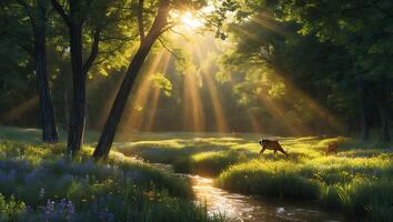 Deer Grazing in Sunlit Forest Meadow by Stream with Wildflowers photo