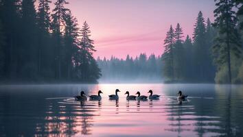 Ducks Swim Calm Lake Reflecting Pink Sky at Dusk Serene Nature photo