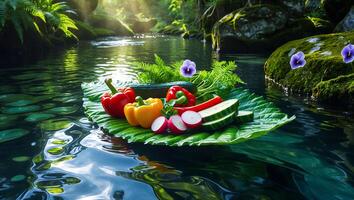Floating Vegetables on Leaf in Calm Stream with Sunlight photo