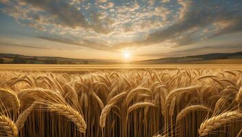 Golden Wheat Field at Sunset with Warm Light and Cloudy Sky photo