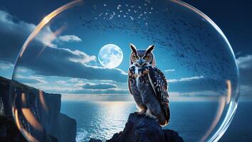 Owl Perched on Rock Overlooking Ocean at Night Under Moon Light photo