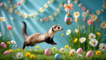 Ferret Leaping Through Spring Meadow Towards Hanging Decorative Egg photo