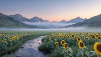 Sunflowers Blooming Along River with Mountains and Foggy Background photo