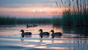 Ducks Swimming on Water During Peaceful Sunset with Reed Reflection photo