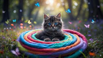 Kitten Resting in Colorful Yarn Coil in Flower Meadow photo