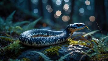 Snake Resting in Forest with Ferns and Moss on Rocks photo