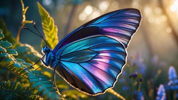 Colorful Butterfly Resting on Green Leaf in a Sunny Garden photo