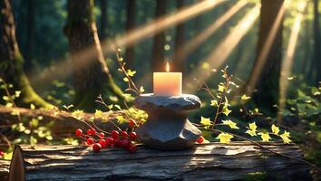 Burning Candle on Rock Stand with Forest Sunlight and Berries photo