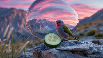 Bird with Cucumber on Rock Overlooking Mountain Sunset Reflected in Sphere photo