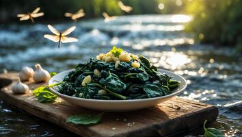 Spinach and Garlic Bowl Served Outdoors by River in Sunlight photo