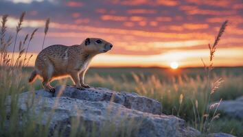 Prairie Dog Standing on Rock Watching the Colorful Sunset Horizon photo