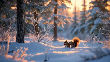 Squirrels Sitting in Snowy Winter Forest with Golden Sunset Light photo