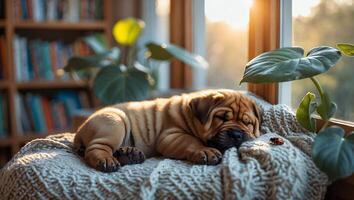 Sleeping Puppy on Knitted Blanket by Window with Morning Light photo