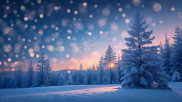 Snowy Pine Tree Forest Landscape with Bokeh Lights at Sunset photo