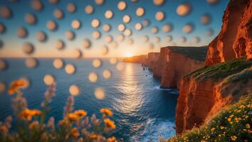 Coastal Cliffs at Sunset with Sea View and Creative Bokeh Effect photo