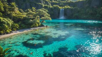 Tropical Waterfall Scene with Clear Turquoise Water and Lush Vegetation photo