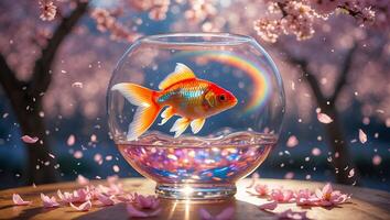 Goldfish Swimming in Bowl Surrounded by Cherry Blossoms and Rainbow photo