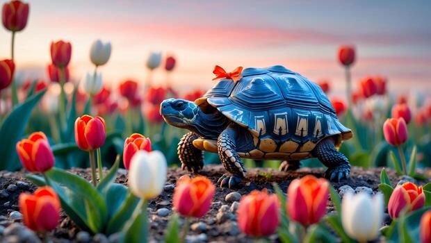 Turtle Walking Through Tulip Garden During Sunset with a Red Bow photo