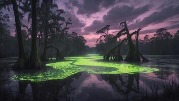 Scenic Swamp Landscape with Green Water and Dramatic Purple Sky photo