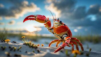 Crab Standing on Sand Beach with Claw Raised at Sunset photo