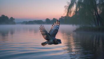 Owl Flying Over Calm Lake Surface at Dawn with Soft Light photo