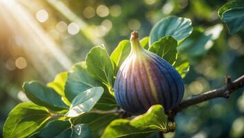 Ripe Fig Growing on Tree Branch with Sunlight Filtering Through Leaves photo