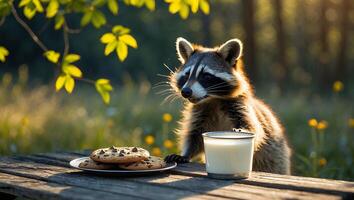 Raccoon Enjoying Cookies and Milk on a Wooden Picnic Table photo