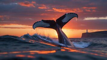 Whale Tail Emerging From Ocean at Sunset with Lighthouse View photo