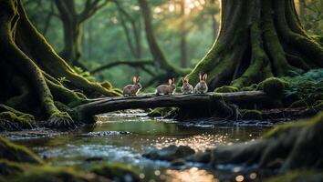 Rabbits Crossing Stream on Fallen Log in Enchanted Forest photo