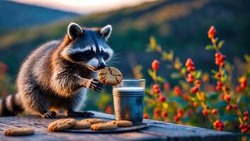 Raccoon Eating Cookie Beside Milk Outdoors at Sunset Time photo