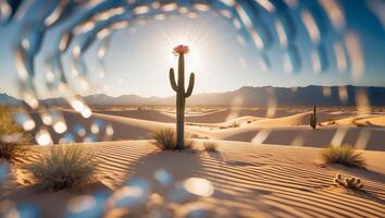 Cactus Blooming in Desert Sand Dunes with Sunlight and Abstract Bokeh photo