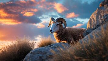 Ram Resting on Rock Hillside with Sunset Sky Background photo