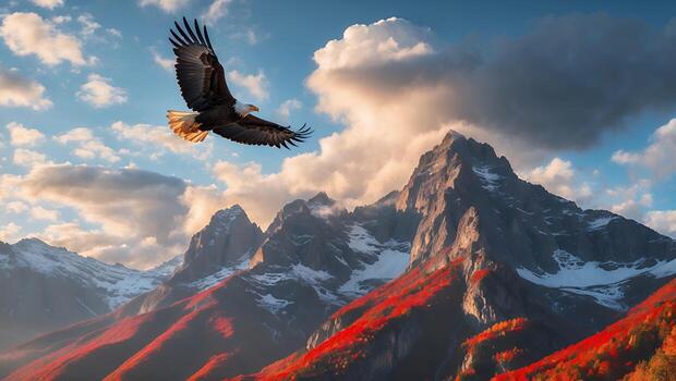 Eagle Soaring Over Mountains During Autumn with Scenic Sky View photo
