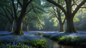 Walking Through Forest with Bluebells and Flowing Stream photo