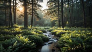 Flowing Stream Through Forest with Ferns and Sunlight photo