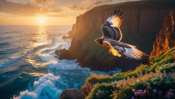 Hawk Flying Over Coastal Cliffs at Sunset with Ocean Waves photo