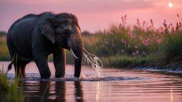 Elephant Wading Through Water at Sunset with Floral Meadow photo