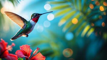 Hummingbird Hovering Near Red Flower with Soft Light and Bokeh photo
