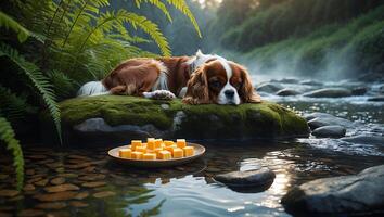 Dog Resting on Mossy Rock Near Stream with Plate of Food photo